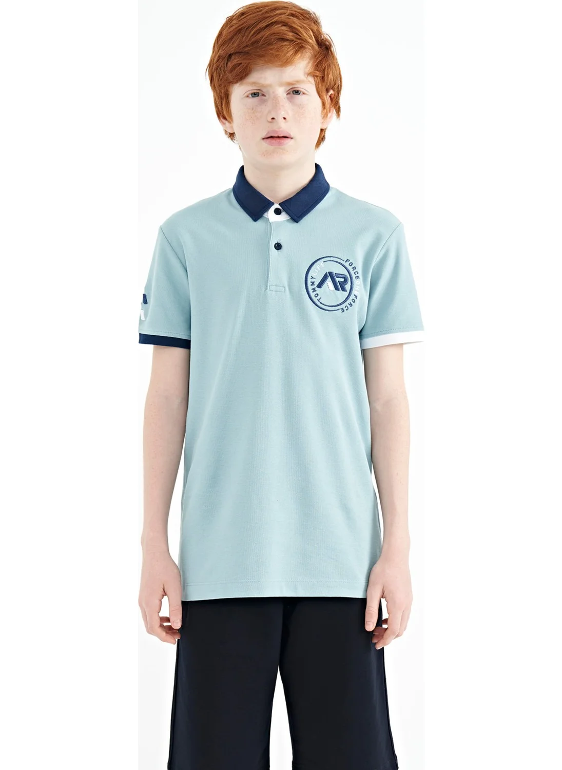 تومي لايف Light Blue Sleeve End Colored Logo Embroidered Standard Size Polo Collar Boy's T-Shirt - 11138
