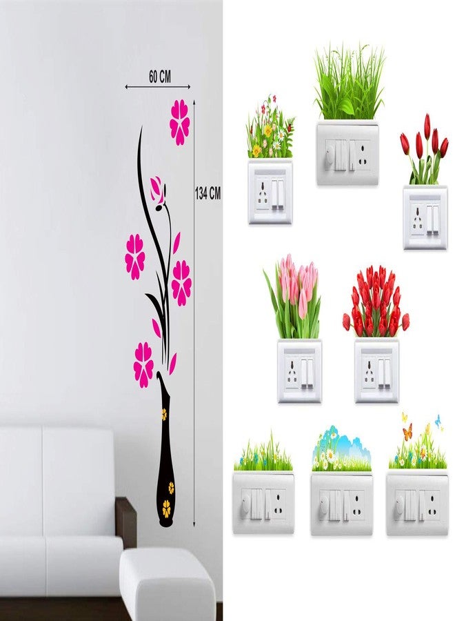 Walltech Combo Pack of Wall Stickers Flower vase Magenta (Covering Area 60 x 134 cms) with Flowers (Set of -5) Switch Board Sticker - Image 1
