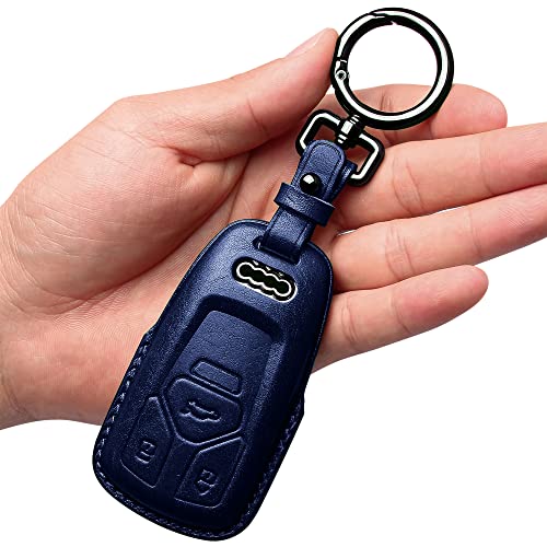 Tukellen for Audi Key Fob Cover Genuine Leather with Keychain,Leather Key Case Protector Compatible Audi A4 Q7 Q5 TT A3 A6 SQ5 R8 S5 Smart Key-Blue - Image 1