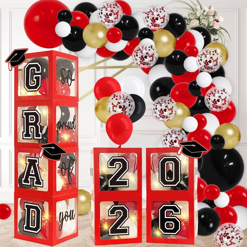 DAZONGE Graduation Decorations 2026 Set of 4 Red Grad Balloon Boxes with 139pcs Balloon Arch Garland Kit 4 Light Strings So Proud of You 2026 Graduation Decorations for Any Grades - Image 3