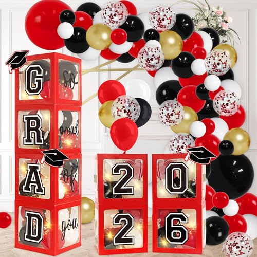 DAZONGE Graduation Decorations 2026 Set of 4 Red Grad Balloon Boxes with 139pcs Balloon Arch Garland Kit 4 Light Strings So Proud of You 2026 Graduation Decorations for Any Grades - Image 1