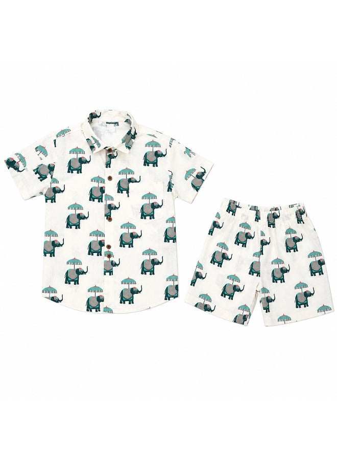 Matching Family Outfits Unisex Kids Jaipur Elephant Print Short Sleeve Shirt and Shorts Co-ord Set, 2 Piece, White - Image 2