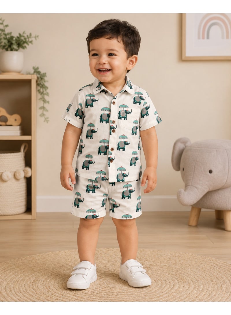 Matching Family Outfits Unisex Kids Jaipur Elephant Print Short Sleeve Shirt and Shorts Co-ord Set, 2 Piece, White - Image 4