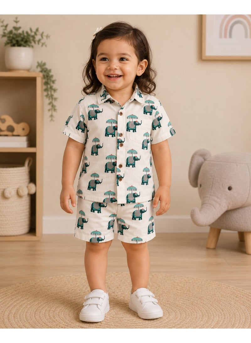 Matching Family Outfits Unisex Kids Jaipur Elephant Print Short Sleeve Shirt and Shorts Co-ord Set, 2 Piece, White - Image 3