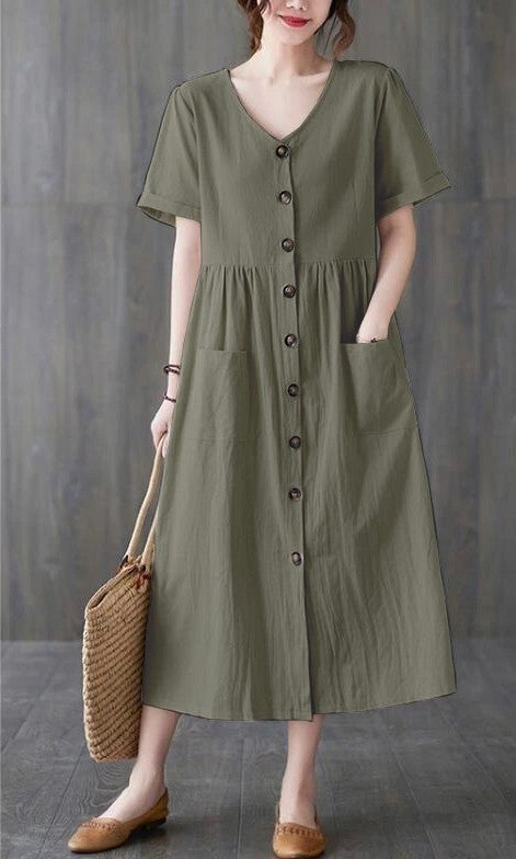 Barbora Linen Casual V Neck Waist Gather Detail Buttoned Dress Ln04Hakı7  - Image 1