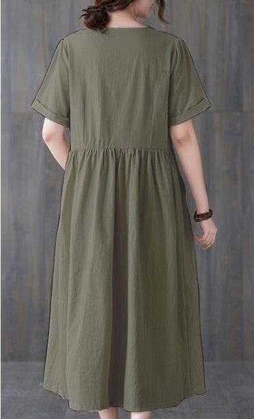 Barbora Linen Casual V Neck Waist Gather Detail Buttoned Dress Ln04Hakı7  - Image 2