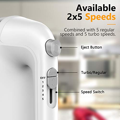 LILPARTNER Hand Mixer Electric, 450W Kitchen Mixers with Scale Cup Storage Case, Turbo Boost/Self-Control Speed + 5 Speed + Eject Button + 5 Stainless Steel Accessories, For Easy Whipping Dough,Cream,Cake - Image 3