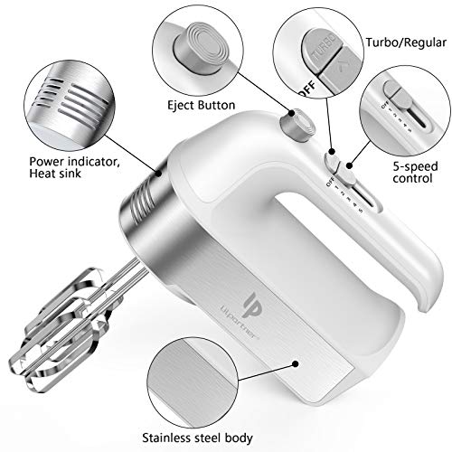LILPARTNER Hand Mixer Electric, 450W Kitchen Mixers with Scale Cup Storage Case, Turbo Boost/Self-Control Speed + 5 Speed + Eject Button + 5 Stainless Steel Accessories, For Easy Whipping Dough,Cream,Cake - Image 2