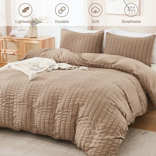 AveLom Taupe Duvet Cover Cal King(104 x 98 inches), 3 Pieces (1 Duvet Cover, 2 Pillowcases), Seersucker Striped Soft Washed Microfiber, Textured Duvet Cover Set with Zipper Closure, Corner Ties - Image 2