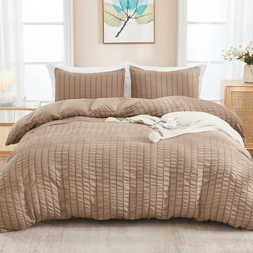 AveLom Taupe Duvet Cover Cal King(104 x 98 inches), 3 Pieces (1 Duvet Cover, 2 Pillowcases), Seersucker Striped Soft Washed Microfiber, Textured Duvet Cover Set with Zipper Closure, Corner Ties - Image 1