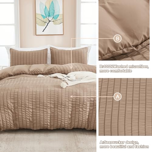AveLom Taupe Duvet Cover Cal King(104 x 98 inches), 3 Pieces (1 Duvet Cover, 2 Pillowcases), Seersucker Striped Soft Washed Microfiber, Textured Duvet Cover Set with Zipper Closure, Corner Ties - Image 5