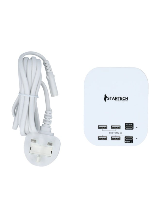StarTech Durable High Quality Speedy and Safe Charging 30W Multiple USB Port Hub White - Image 1