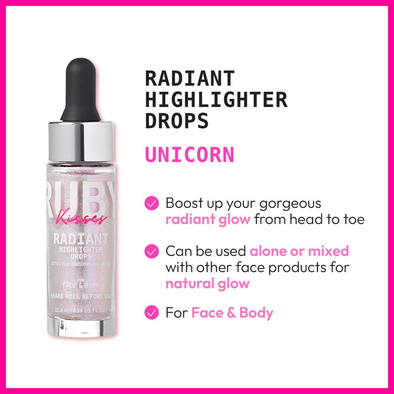 Ruby Kisses Radiant Drops, Shimmer Liquid Highlighter Makeup, Smooth Illuminator for Face Body, Natural Glow Dewiness Glitter for Skin (UNICORN) - Image 4