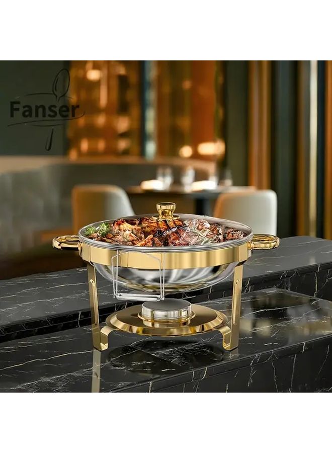 New High-End 5 Quart Stainless Steel Buffet Warmer Golden Frame With Transparent Glass Lid And Cover Frame 95 Percent Pre Assembled Round Hot Pot Food Warming Tray For Outdoor Picnics Family Gatherings Christmas Dinners Party Catering Events And Wedding Celebrations - Image 1