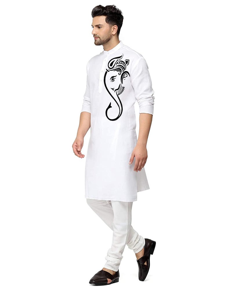 ashtang Cotton Blend Digital Print Kurta Pyjama Set || Ganesha Print (in, Alpha, S, Regular, White) - Image 2