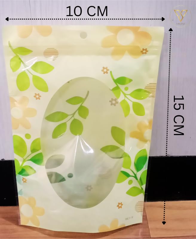 VELEXE Zip Lock Storage Stand Up Pouches with Clear Window | 100mm*150mm | 50 Grams | Pack of 10 | Leaf Print Reusable, Leakproof & Airtight Multi-Purpose Storage Pouches with Self Sealing Technology - Image 2