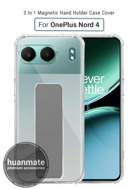 OnePlus Nord 4 Magnetic Case With Hand Grip Holder & Kickstand - Strong Grip for Magnetic Car Holder, Stylish & Functional, Ultimate Convenience & Hands-Free Viewing - Clear/Grey