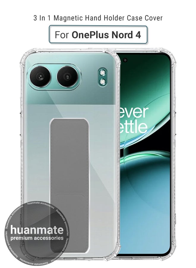 OnePlus Nord 4 Magnetic Case With Hand Grip Holder & Kickstand - Strong Grip for Magnetic Car Holder, Stylish & Functional, Ultimate Convenience & Hands-Free Viewing - Clear/Grey