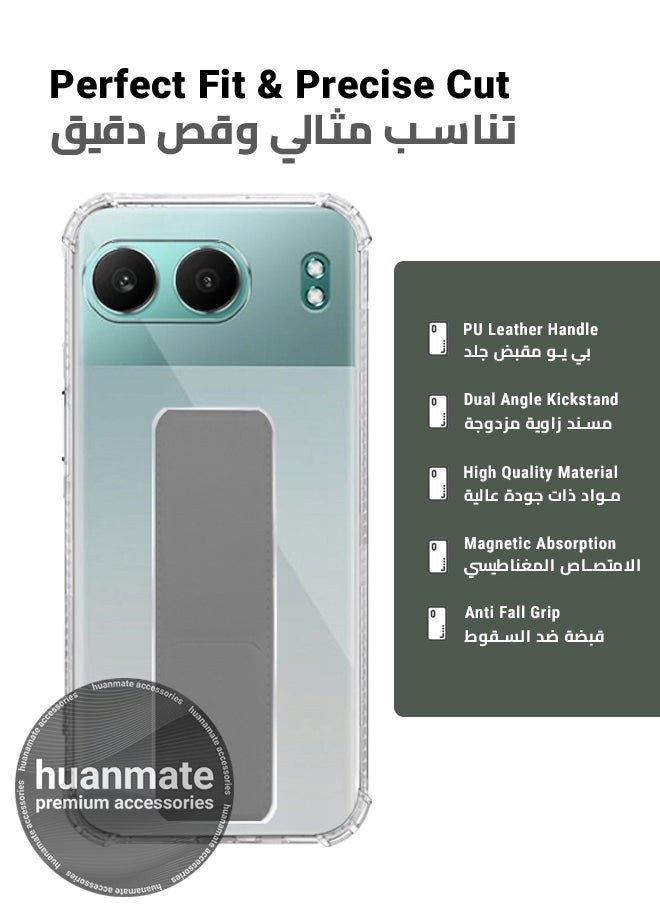 OnePlus Nord 4 Magnetic Case With Hand Grip Holder & Kickstand - Strong Grip for Magnetic Car Holder, Stylish & Functional, Ultimate Convenience & Hands-Free Viewing - Clear/Grey