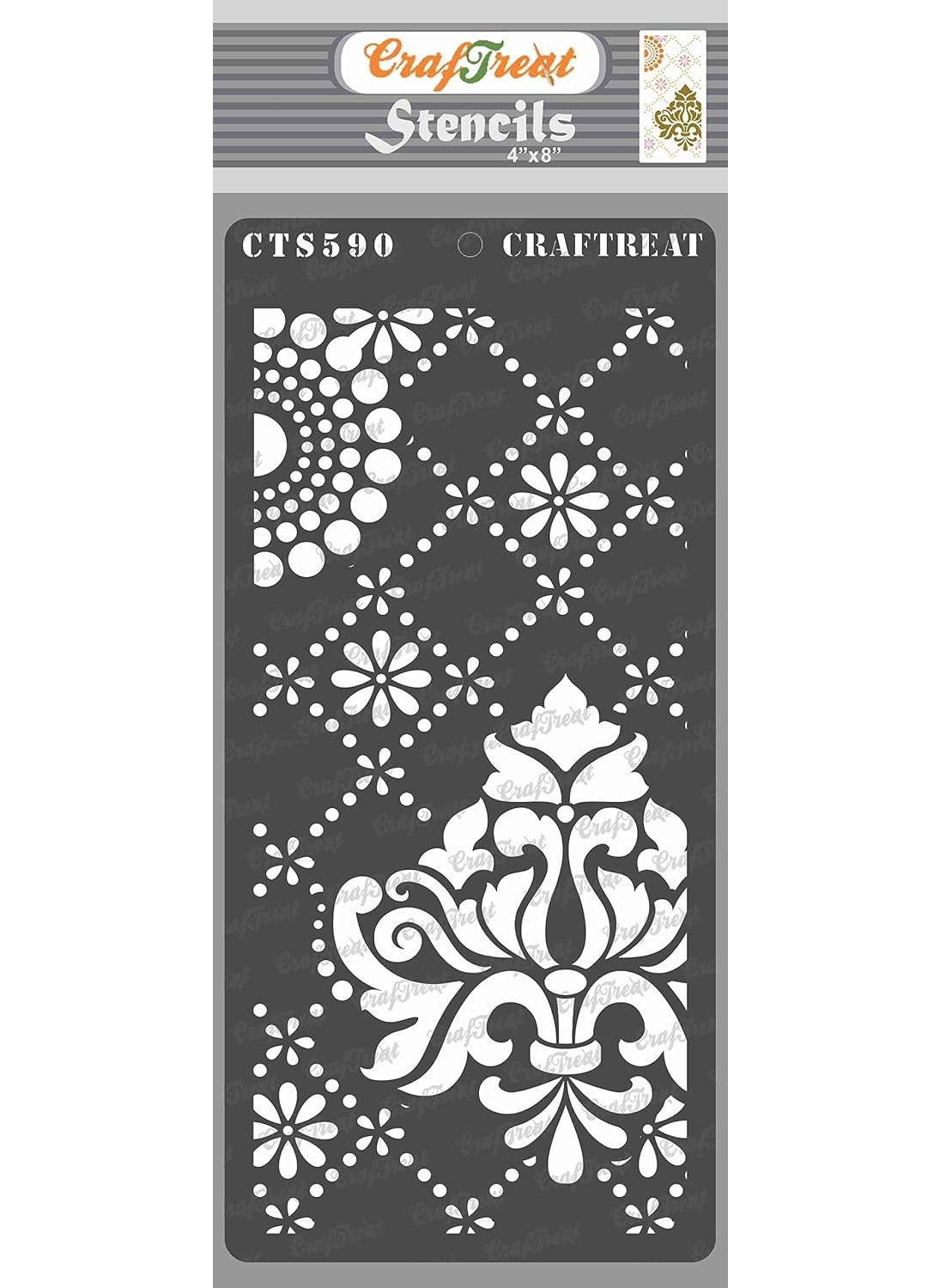 CrafTreat CrafTreat Damask Stencil for Wall Painting - Dots and Damask - Size: 4X8 Inches - Dot Stencils for Craft - Royal Demask Stencil - Art Design Stencil - Dot Art Stencil for Painting 
