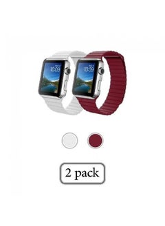 2-Piece Leather Replacement Band Set For Apple Watch 42/44/45mm Red / White