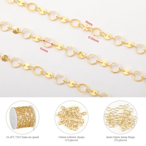 KYUNHOO 5 Meters Gold Plated Jewelry Making Chains Hollow Circle Chain Sequin Chain for Jewelry Making 18K Gold Chain Bulk for Handcraft Making with Jewelry Clasps - Image 2