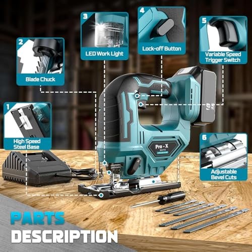 XOYO PRO-X Cordless Jig Saw Machine | Brushless Motor | 21X2 Dual Rechargable Battery | Variable Speed | Bevel Angle (0°-45°) | 3 Position Orbital Setting for Straight/Curve/Circle/Cutts - Image 2