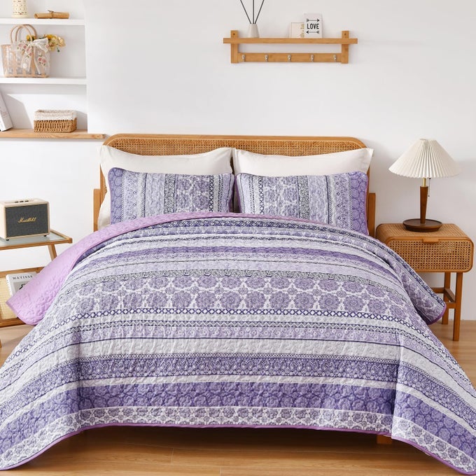 BOHO QUILT SET KING SIZE PURPLE BOHEMIAN 3 PIECES QUILT SETS LIGHTWEIGHT BEDSPREAD COVERLET BEDDING SET FOR ALL SEASON 104X90