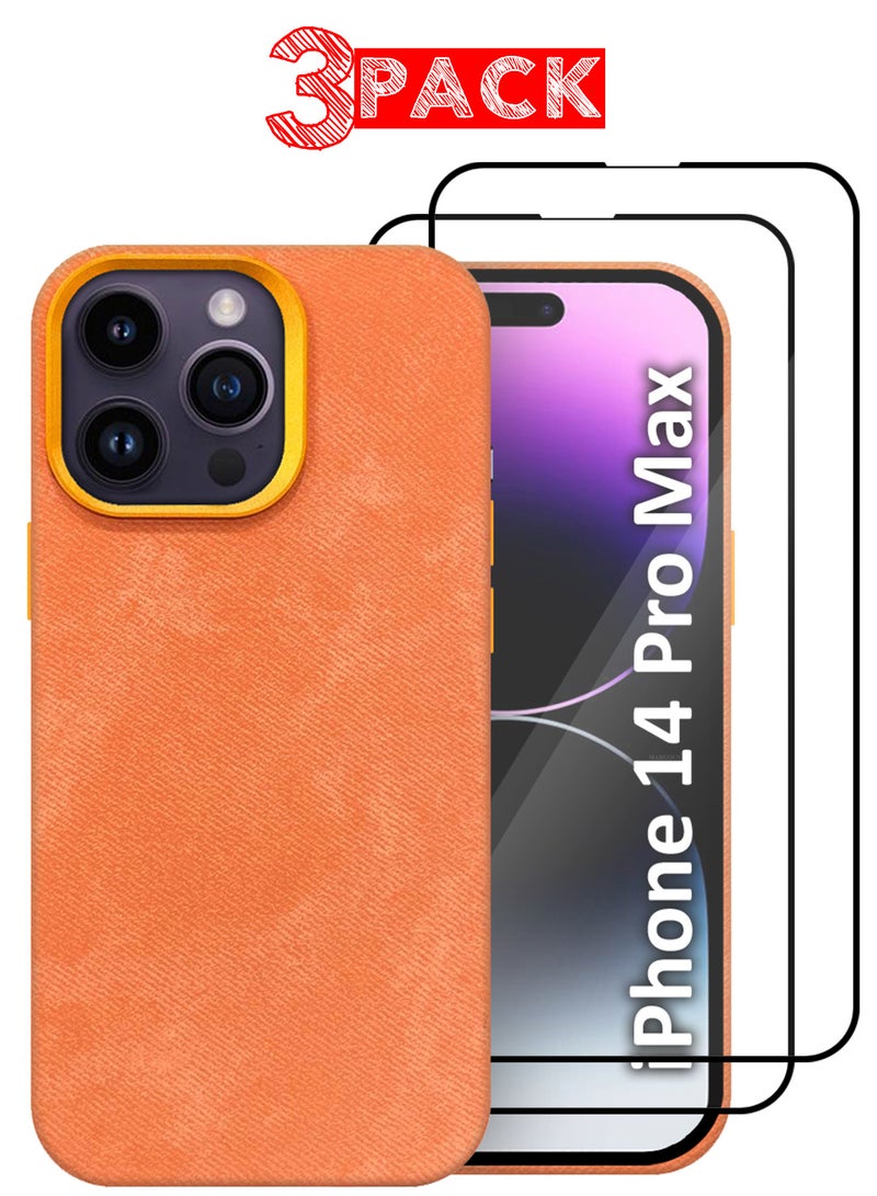 CATANES 3Packs iPhone 14 Pro Max Alcantara Case Cover Premium Quality Luxurious Soft Touch Protection with Metal Camera Frame with Two 3D Screen Protectors - Orange  - Image 1