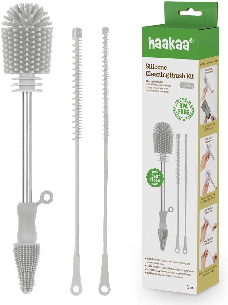 Haakaa Silicone Cleaning Brush Kit – Household Cleaning Brushes for Bottles and Crevices – Food-Grade Silicone: Dishwasher Safe (Kit-Grey) - Image 1