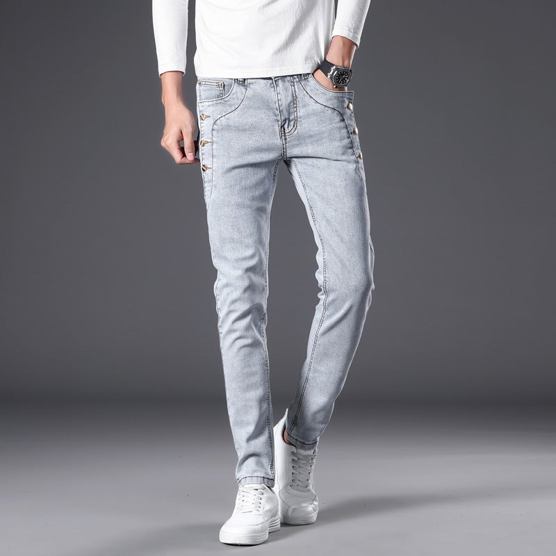 Generic Taobao one-piece delivery 8906 smoky gray mens Stretch Slim fit skinny jeans mid-waist Korean style trendy mens pants Smoky gray 