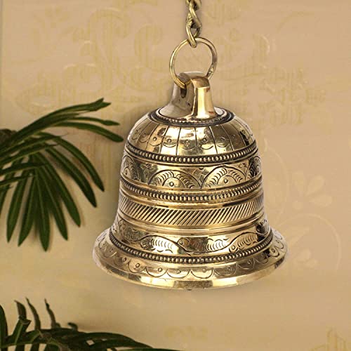 Kartique Brass Hanging Bell with Antique J Hooks - Metal Chain for Porches, Doors, Mandirs - Ideal for Home & Outdoor Decor, Housewarming Gift - Image 1