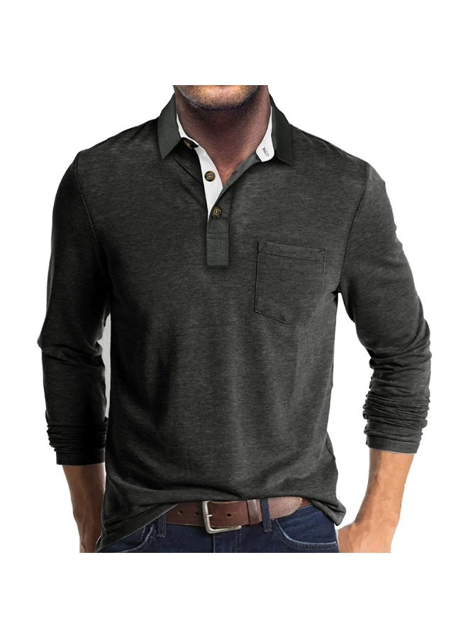 general Men's Casual Polo Shirts Classic Button Basic Long Sleeve Shirt Solid Color Cotton Tees Stylish Tops - Image 1