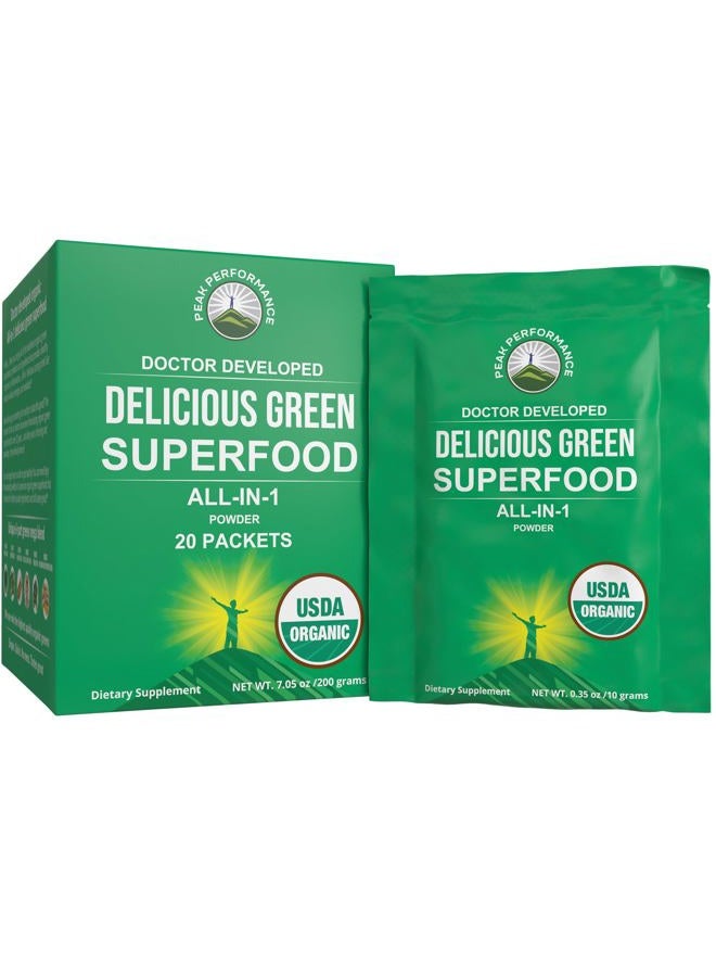 Peak Performance Organic Greens Superfood Powder Single Serve Travel Packets. Best Tasting Organic Green Juice Super Food with 25+ All Natural Ingredients for Max Energy and Detox. (20 Pack) - Image 1