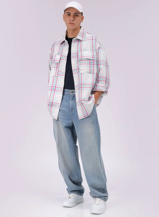 ذا انديان كراج كو Men Oversized Checkered Full Sleeves Cutaway Collar Double Flap Pocket Street Wear Shirt