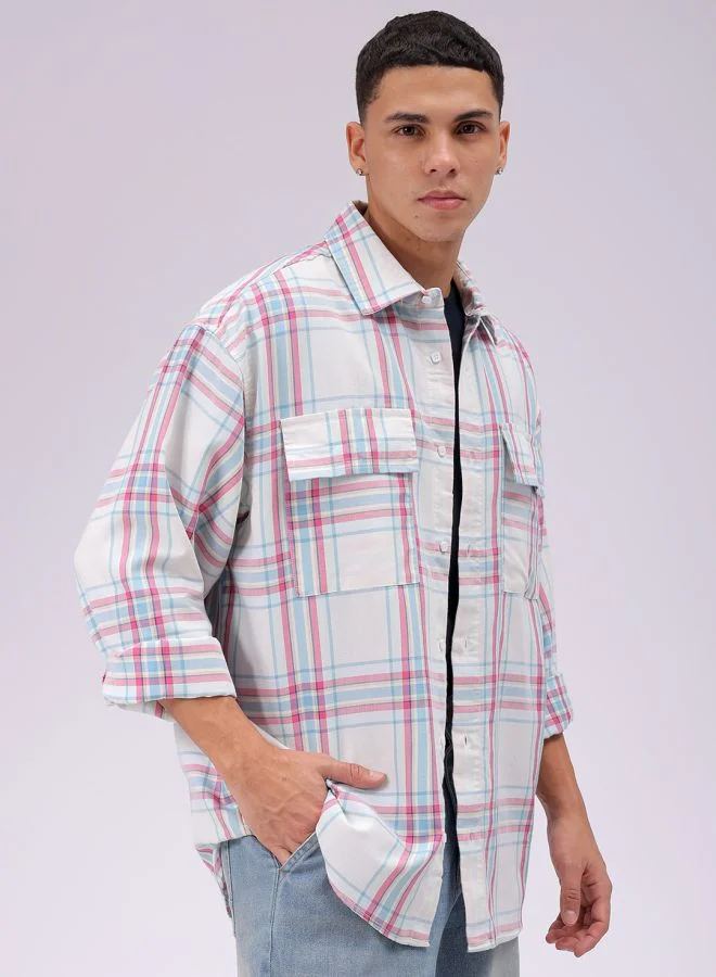 ذا انديان كراج كو Men Oversized Checkered Full Sleeves Cutaway Collar Double Flap Pocket Street Wear Shirt