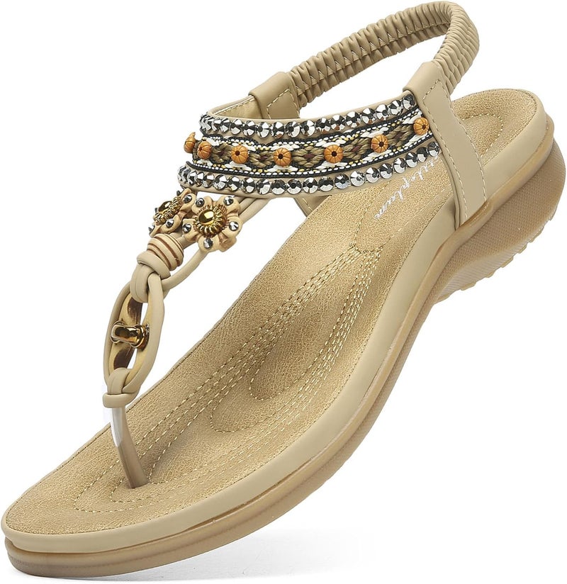 Littleplum Womens Sandals Arch Support Summer Beach Sandals Comfort Walking Shoes Bohemian Flip Flops Sandals for Women Apricot Size 9 - Image 1
