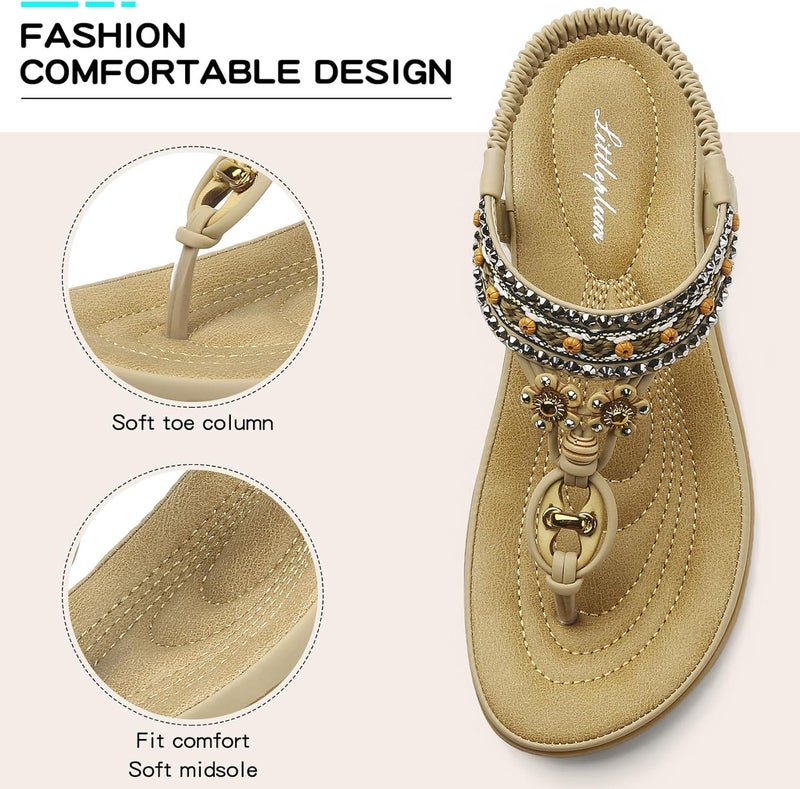 Littleplum Womens Sandals Arch Support Summer Beach Sandals Comfort Walking Shoes Bohemian Flip Flops Sandals for Women Apricot Size 9 - Image 4
