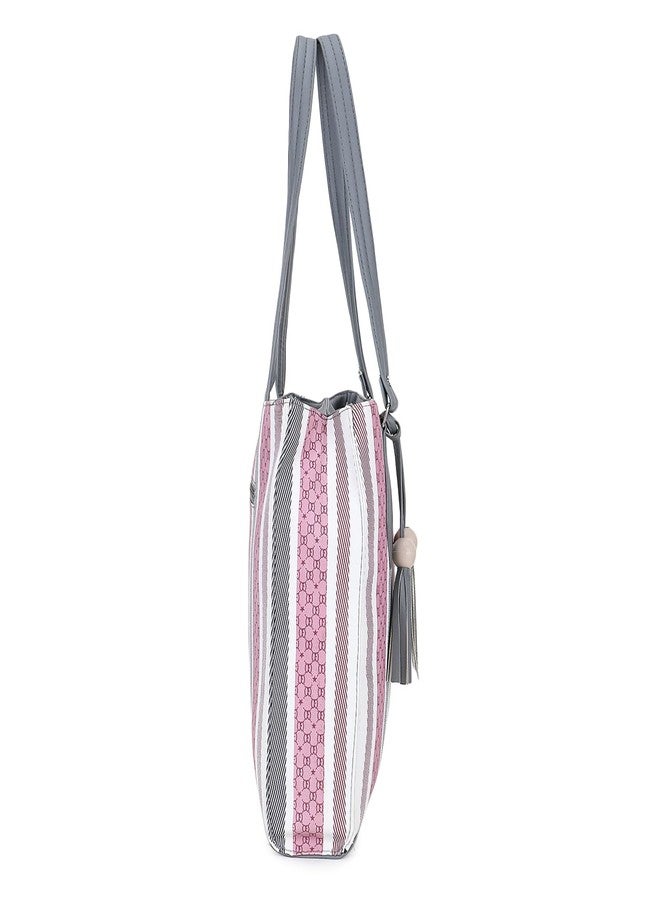 Nexeura Stylish Women's Handbag | Trendy Striped PU Leather Tote Bag for Girls | Fashion Shoulder Bag with Tassels | Lightweight Daily Office Purse | Casual College Bag | Gift for Women & Girls (GREY) - Image 3