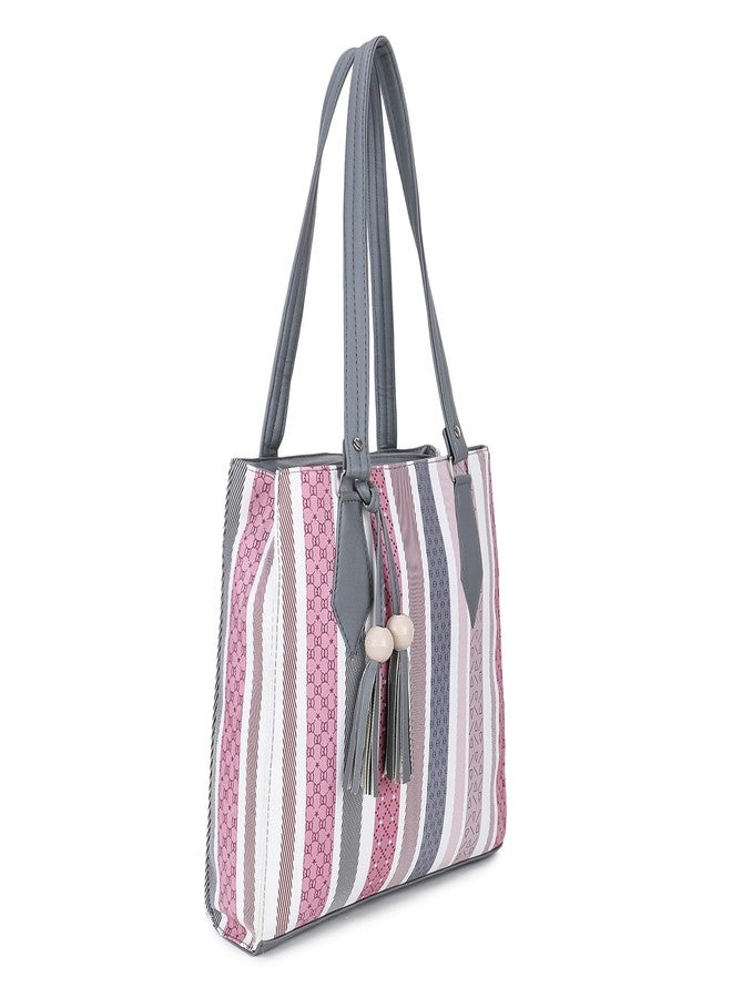 Nexeura Stylish Women's Handbag | Trendy Striped PU Leather Tote Bag for Girls | Fashion Shoulder Bag with Tassels | Lightweight Daily Office Purse | Casual College Bag | Gift for Women & Girls (GREY) - Image 2