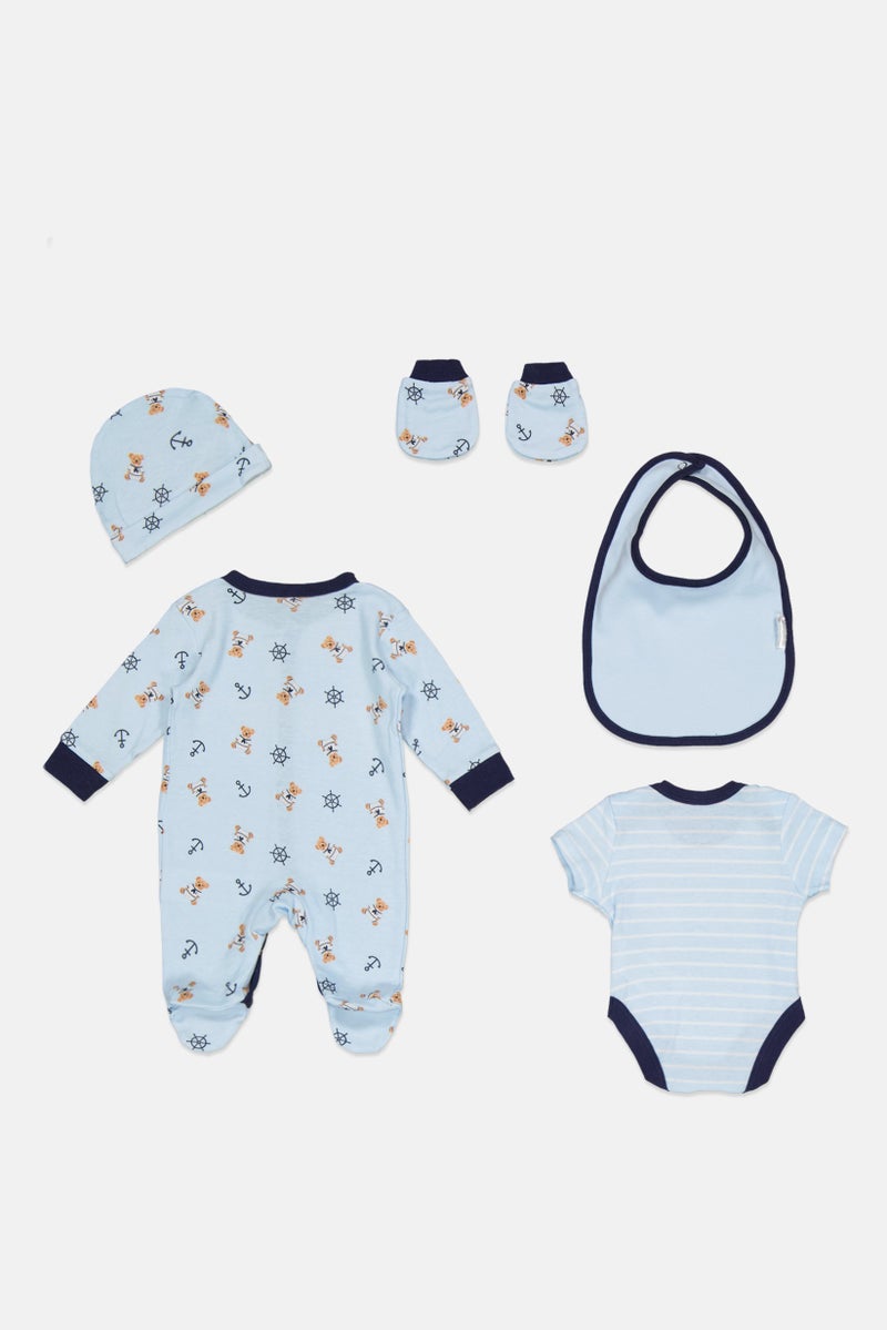 Rock-A-Bye Baby Boutique Toddlers Boy 5 Pcs Bodysuit, Bib, Beanie, Gloves and Coverall Set, Multicolor - Image 3