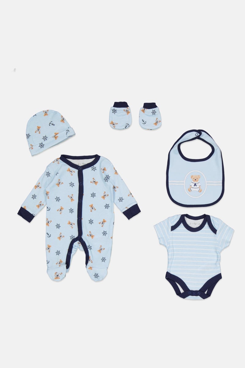 Rock-A-Bye Baby Boutique Toddlers Boy 5 Pcs Bodysuit, Bib, Beanie, Gloves and Coverall Set, Multicolor - Image 2