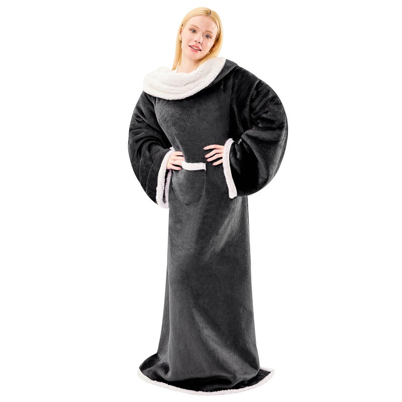 IFNOW Sherpa Wearable Blanket with Sleeves for Adults Women Men  Ultra Soft Fleece Warm Full Body Wrap Throw  Cozy Robe Blanket with Arm and Pocket  Wearable Blanket as Gifts for Mom Wife  Black - Image 1