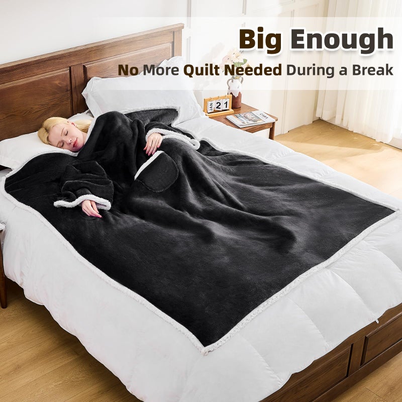 IFNOW Sherpa Wearable Blanket with Sleeves for Adults Women Men  Ultra Soft Fleece Warm Full Body Wrap Throw  Cozy Robe Blanket with Arm and Pocket  Wearable Blanket as Gifts for Mom Wife  Black - Image 2
