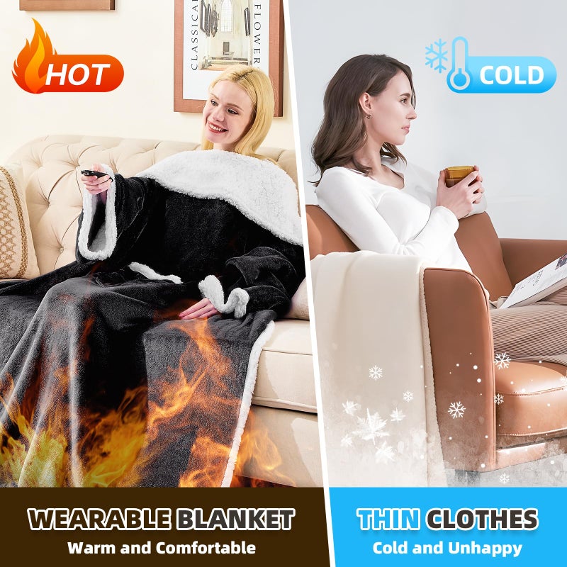 IFNOW Sherpa Wearable Blanket with Sleeves for Adults Women Men  Ultra Soft Fleece Warm Full Body Wrap Throw  Cozy Robe Blanket with Arm and Pocket  Wearable Blanket as Gifts for Mom Wife  Black - Image 5