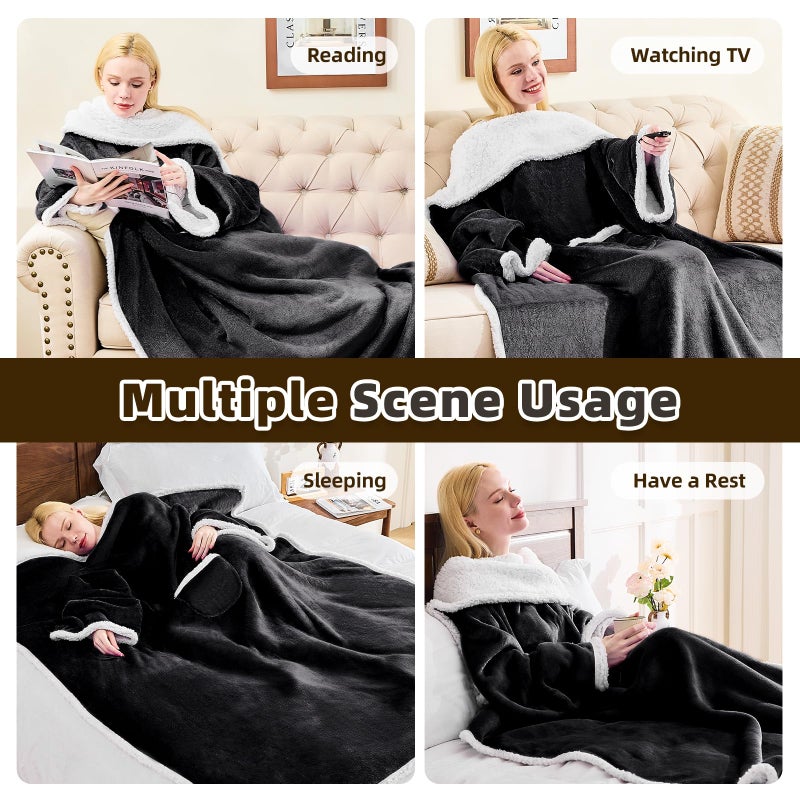 IFNOW Sherpa Wearable Blanket with Sleeves for Adults Women Men  Ultra Soft Fleece Warm Full Body Wrap Throw  Cozy Robe Blanket with Arm and Pocket  Wearable Blanket as Gifts for Mom Wife  Black - Image 3