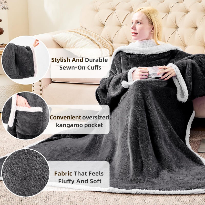 IFNOW Sherpa Wearable Blanket with Sleeves for Adults Women Men  Ultra Soft Fleece Warm Full Body Wrap Throw  Cozy Robe Blanket with Arm and Pocket  Wearable Blanket as Gifts for Mom Wife  Black - Image 4