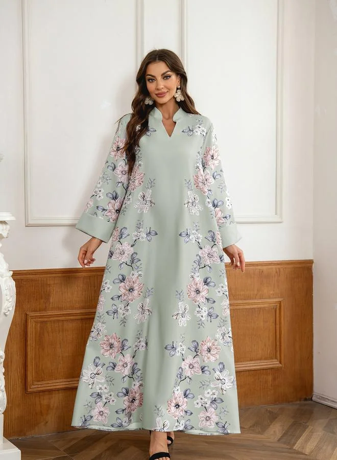 تايك تو جلابية مزينة بطبعة زهور وتفاصيل لؤلؤ صناعي