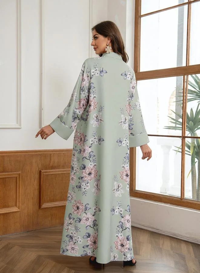 Take Two Green Take Two Floral Print Embellished Faux Pearl Detail Jalabiya for Women | Best Price UAE