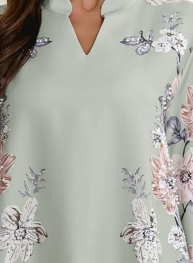 تايك تو جلابية مزينة بطبعة زهور وتفاصيل لؤلؤ صناعي